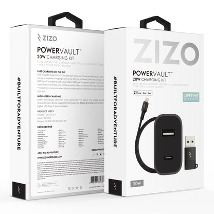 ZIZO PowerVault Bundle Travel Charger + Type C to Lightning Cable + USB to Type C Adapter