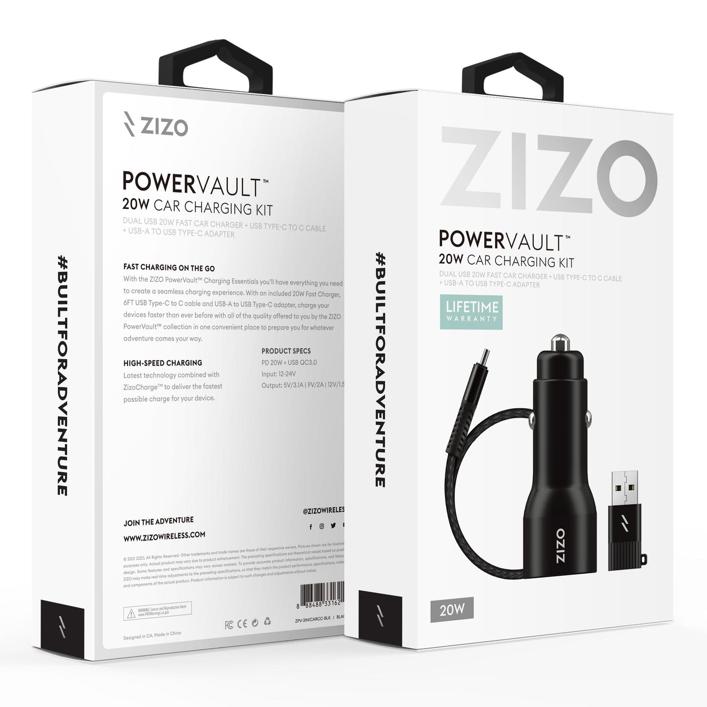 ZIZO PowerVault Bundle Car Charger + Type C to C Cable + USB to Type C Adapter