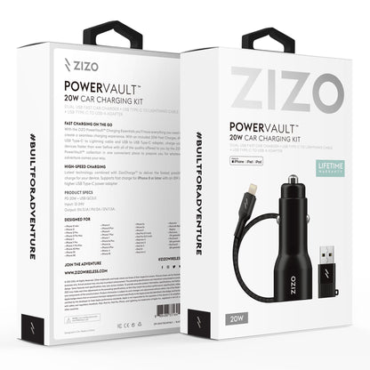 ZIZO PowerVault Bundle Car Charger + Type C to Lightning Cable + USB to Type C Adapter