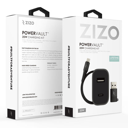 ZIZO PowerVault Bundle Travel Charger + Type C to C Cable + USB to Type C Adapter