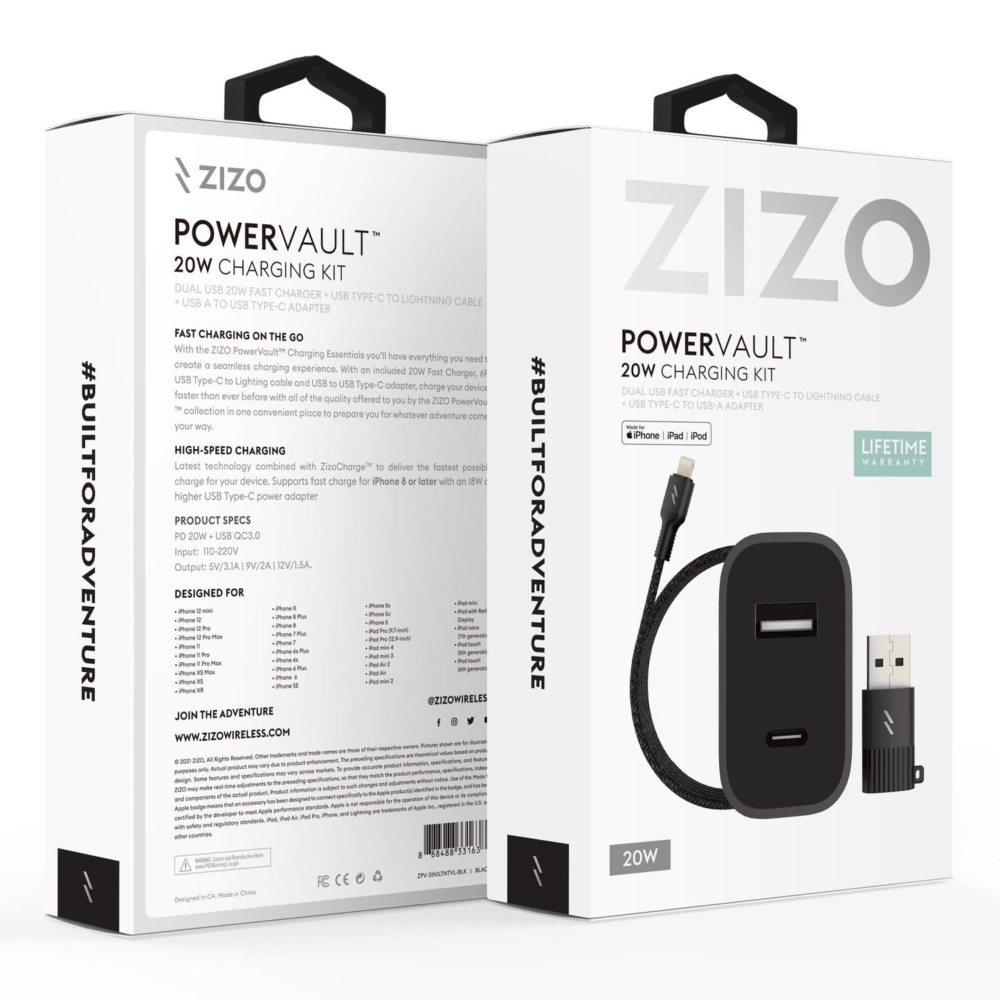 ZIZO PowerVault Bundle Travel Charger + Type C to Lightning Cable + USB to Type C Adapter