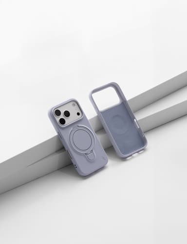 A pale lavender ZIZO Revolve case shown front and back, propped against a gray riser on a white studio floor